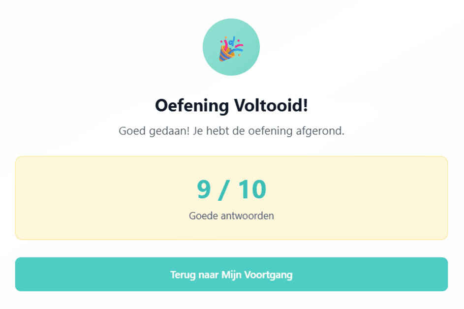 Oefening voltooid scherm met feedback